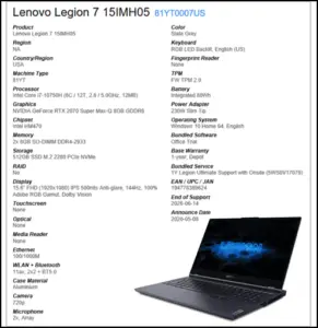 Lenovo Legion 7 Specs