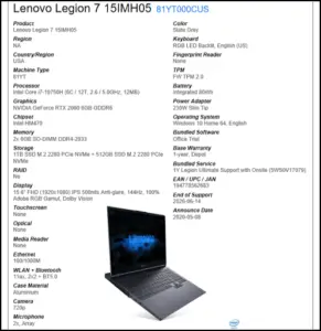 Lenovo Legion 7 Specs