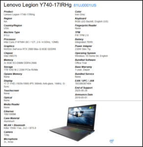 Lenovo Legion Y740 Specs