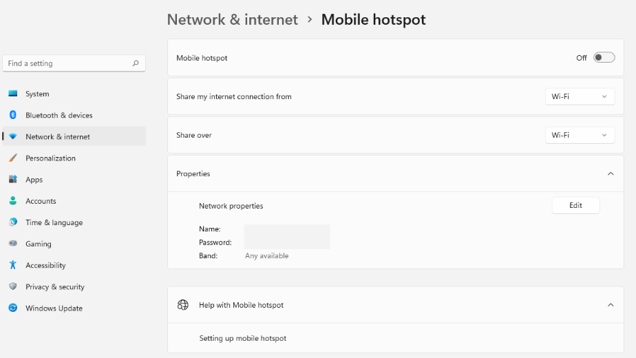 Windows 11 WiFi Hotspot Settings