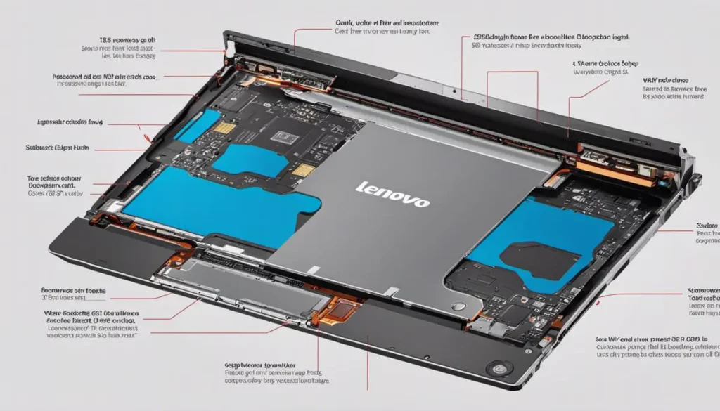 Illustration of the internal structure of a Lenovo Flex 2-14 laptop, showing the lower half where the hard drive is located.
