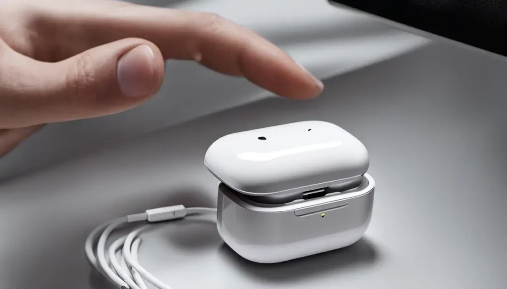 An image showing the AirPods charging case with a lightning cable connected, indicating the need to recharge the batteries.
