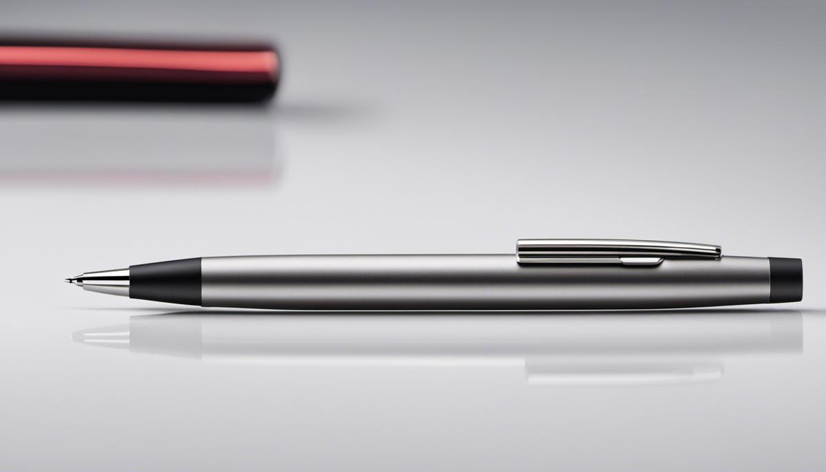 A close-up image of a Surface Pen with a metallic finish and a clickable top button, against a white background.