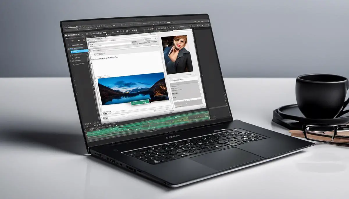 Image illustrating the importance of laptop specifications for photo editing, showing a laptop with an image editing software interface open
