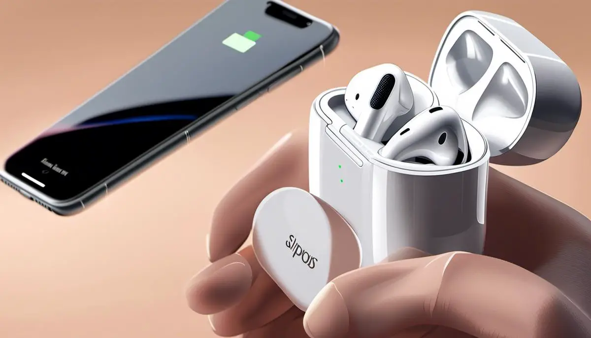 Illustration of a person resetting their AirPods by pressing the setup button on the back of the charging case.