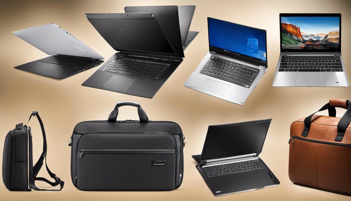 Collage of various travel laptops, showcasing their sleek designs and portability.