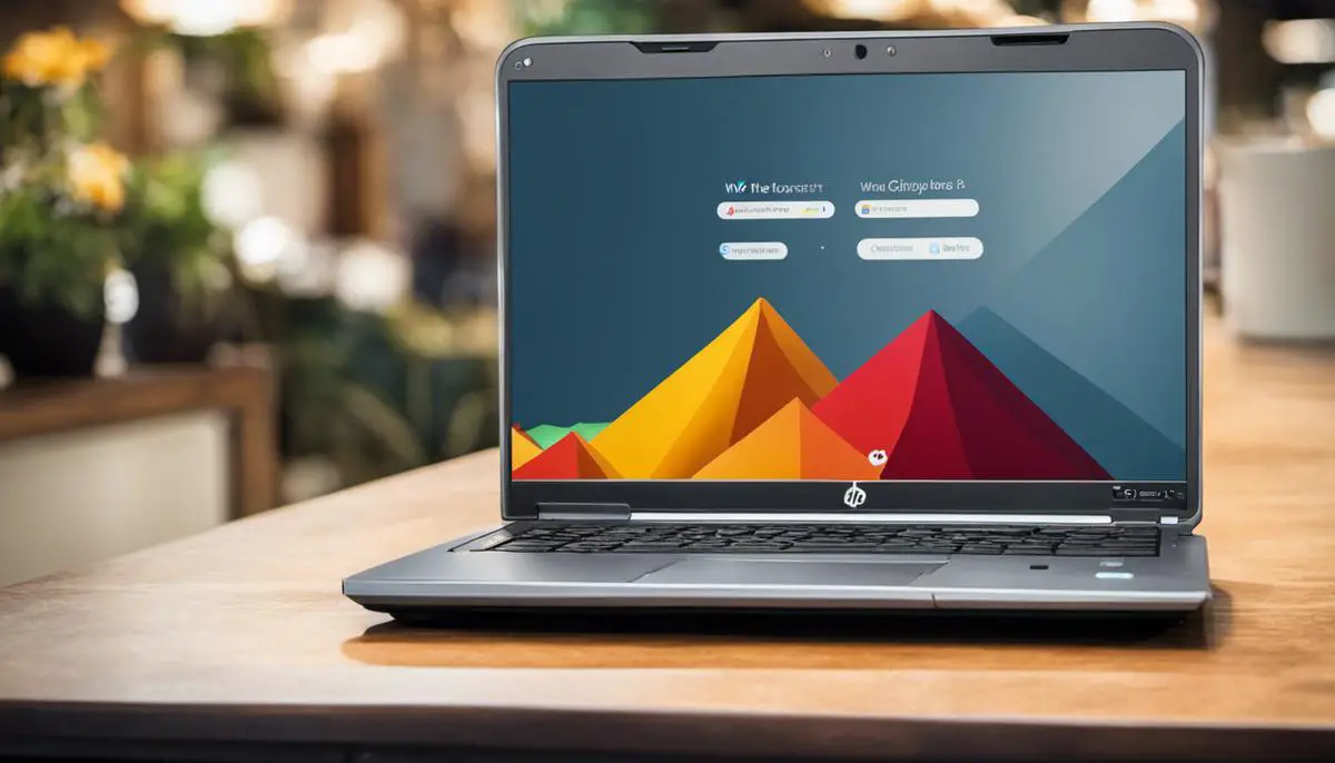 Image of a HP Chromebook with a Wi-Fi signal icon and a warning sign indicating Wi-Fi connectivity issues.