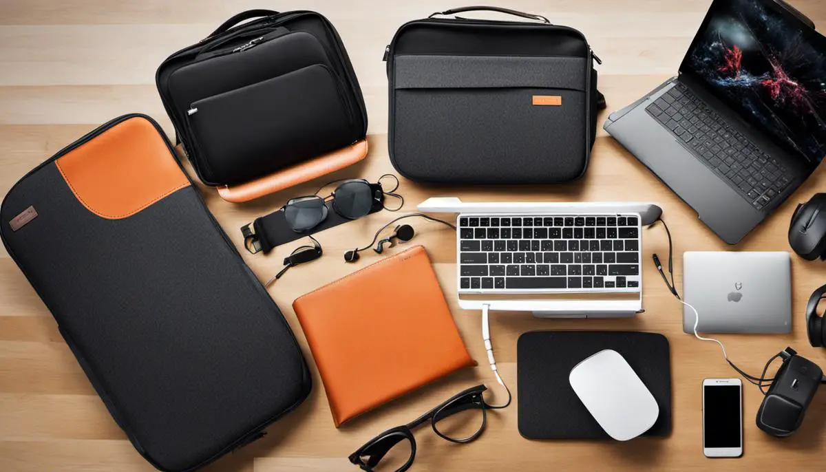 A picture showing various laptop accessories like a laptop case, cooling pad, and power adaptor.