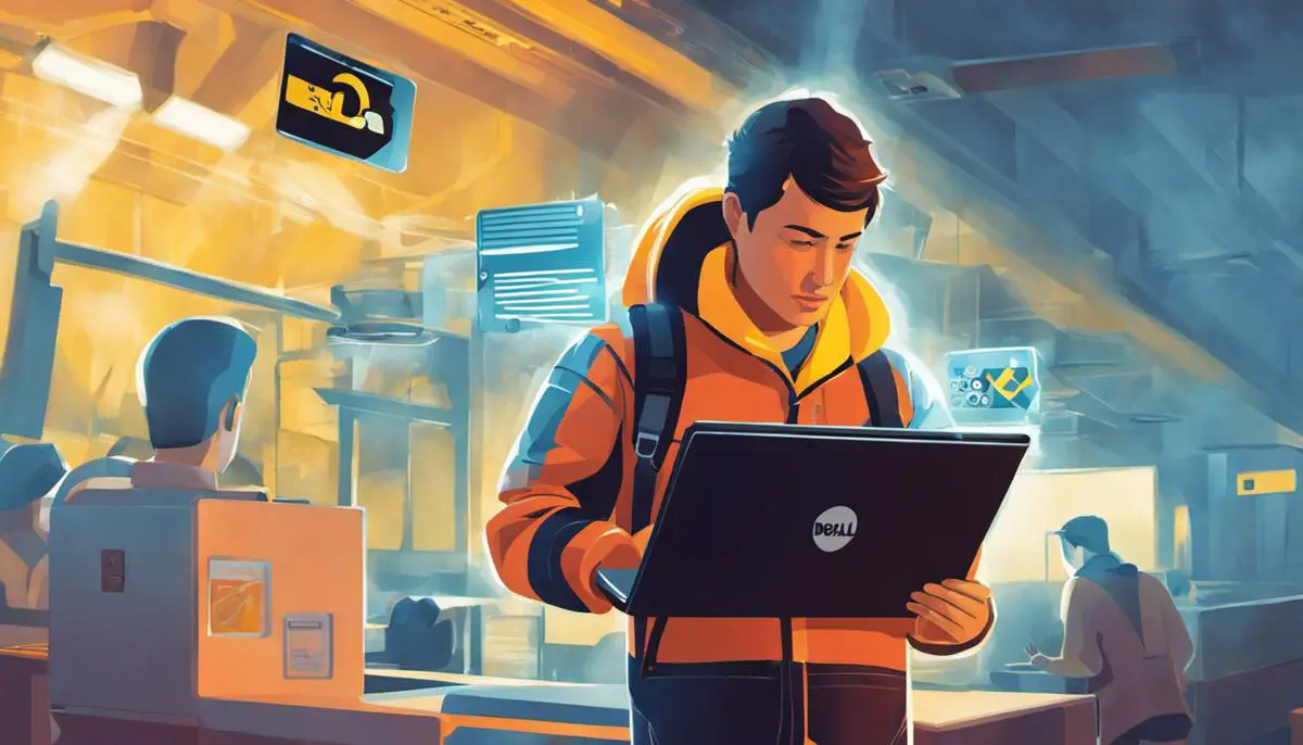 Illustration of a person holding a Dell Chromebook with caution symbol in the background