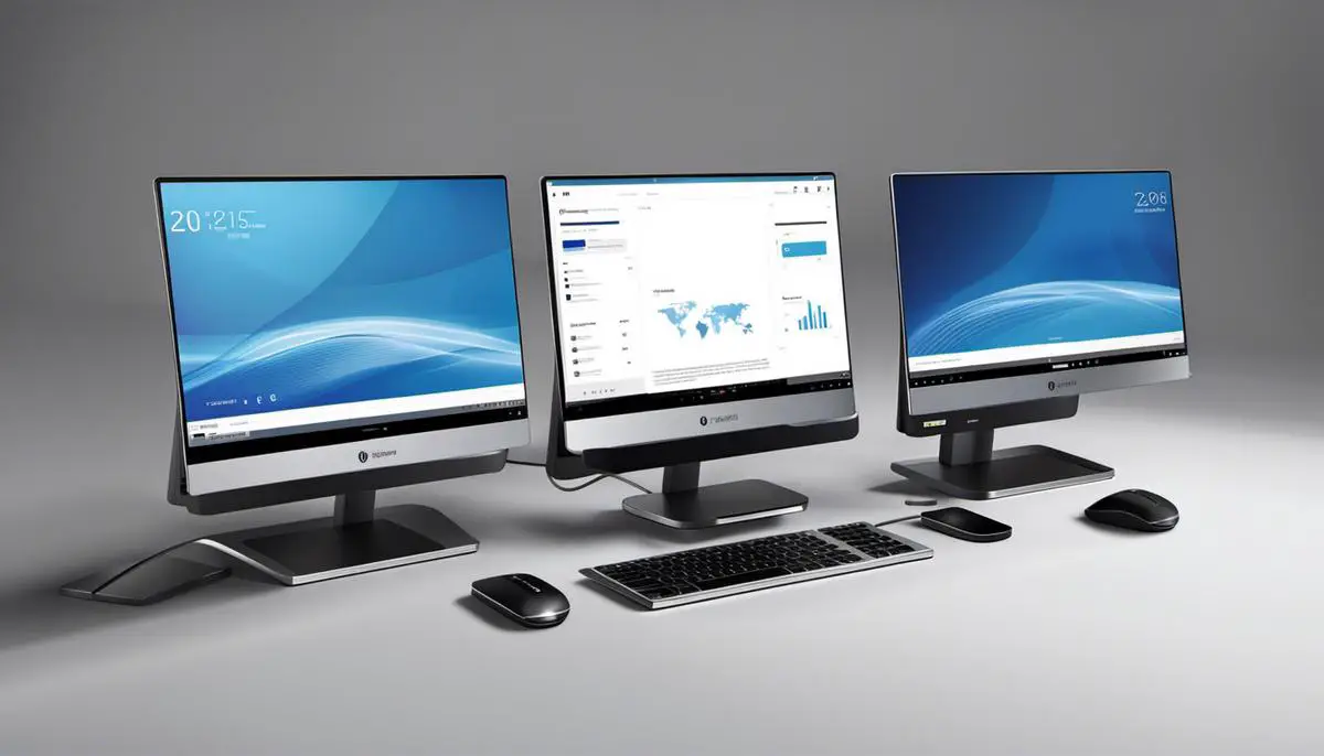 Illustration of a laptop connected to dual monitors via a docking station
