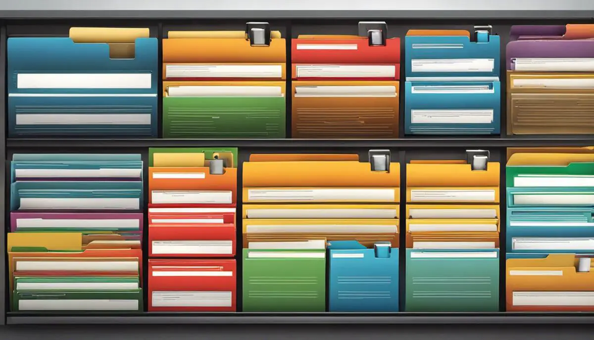 An image depicting a neatly organized file system with labeled folders and colorful tags.