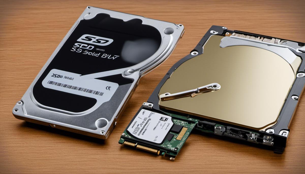 Comparison between Hard Disk Drive (HDD) and Solid State Drive (SSD), showing their differences in size, speed, and storage capacity.