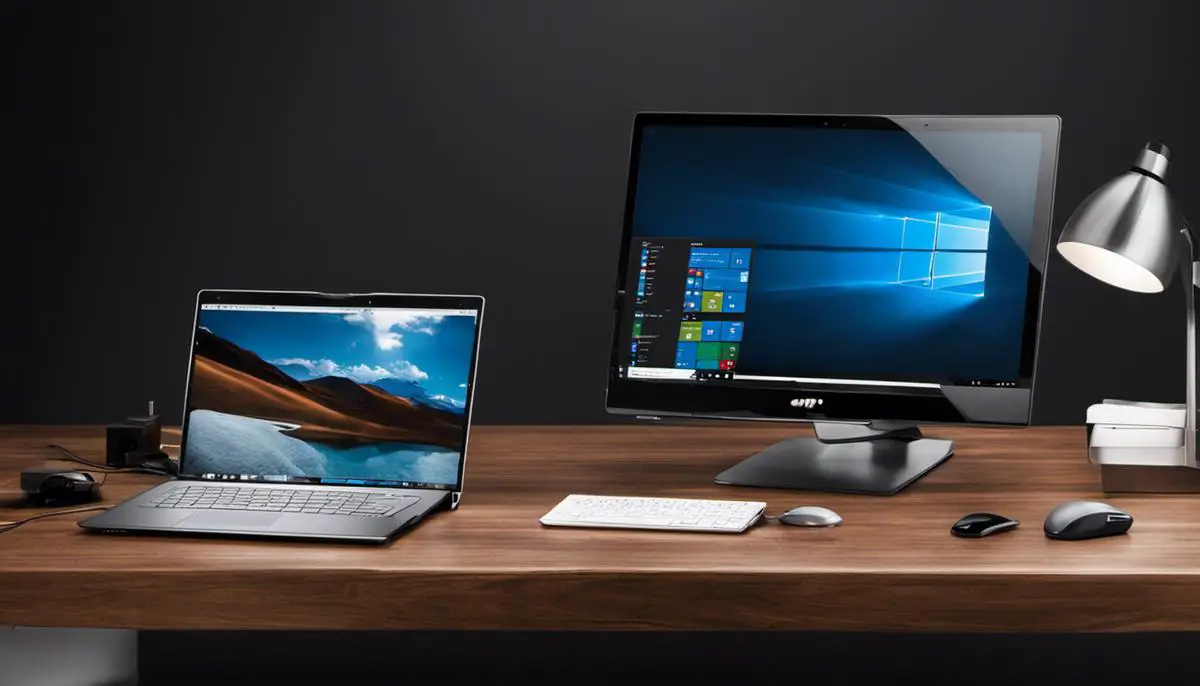 Image showing a comparison between a laptop and a desktop computer, representing the choice between portability and power.