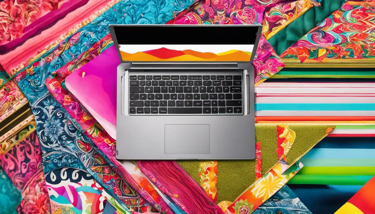 A laptop with a colorful skin showcasing various designs and patterns.