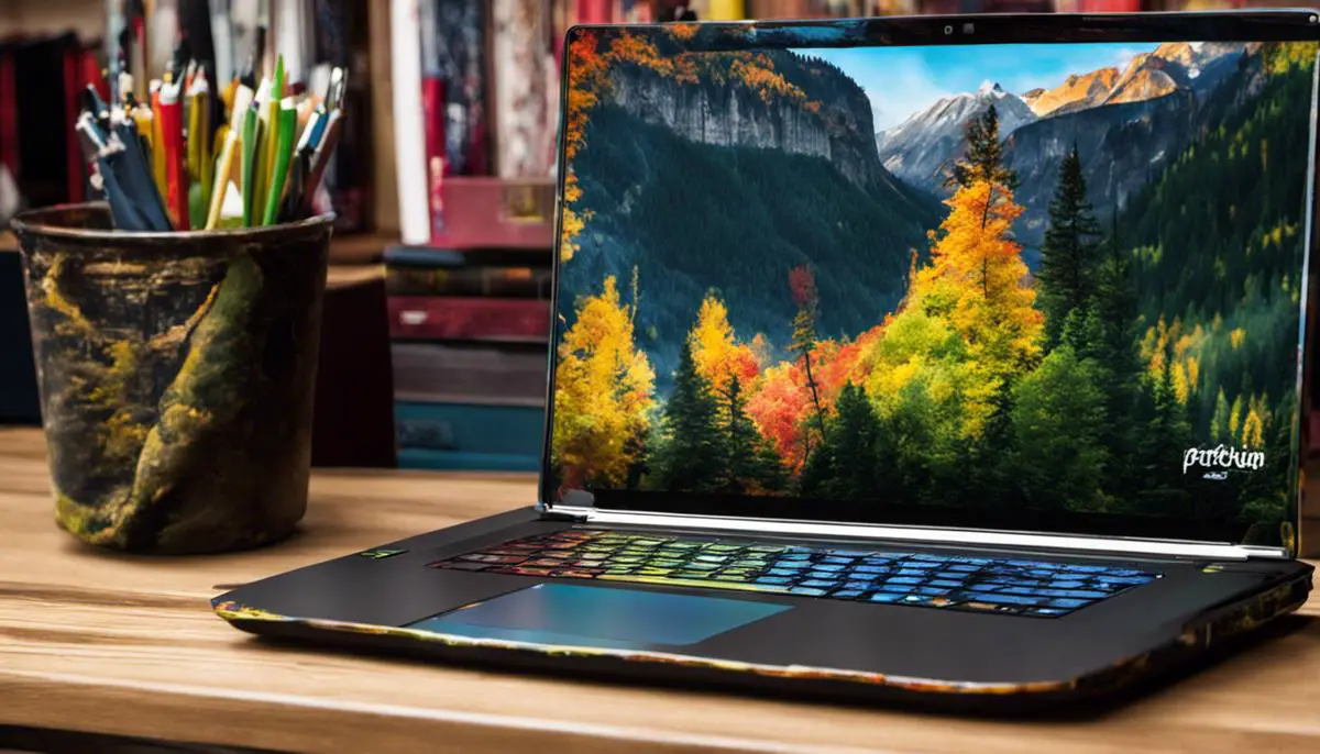 A laptop with an artistic vinyl skin, showcasing the customization and protection offered by laptop skins.