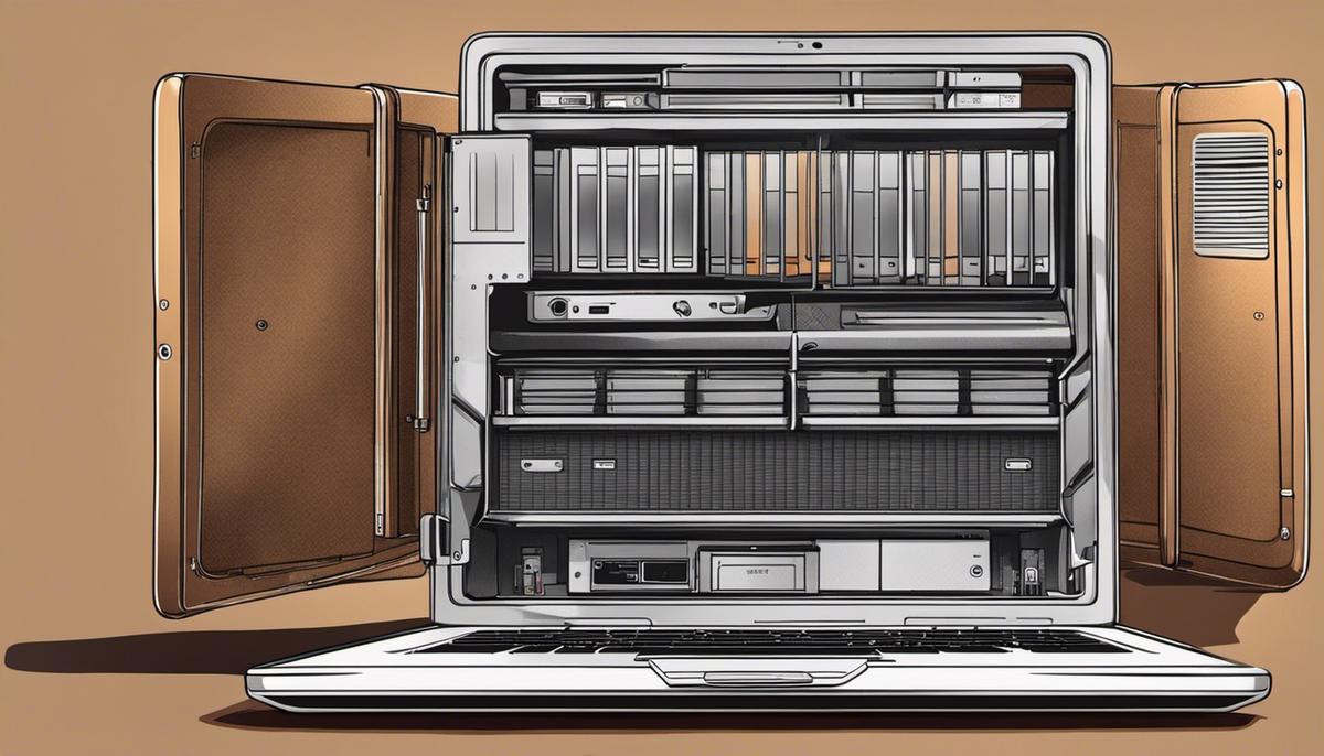 Illustration of a laptop with an open storage compartment, representing laptop storage