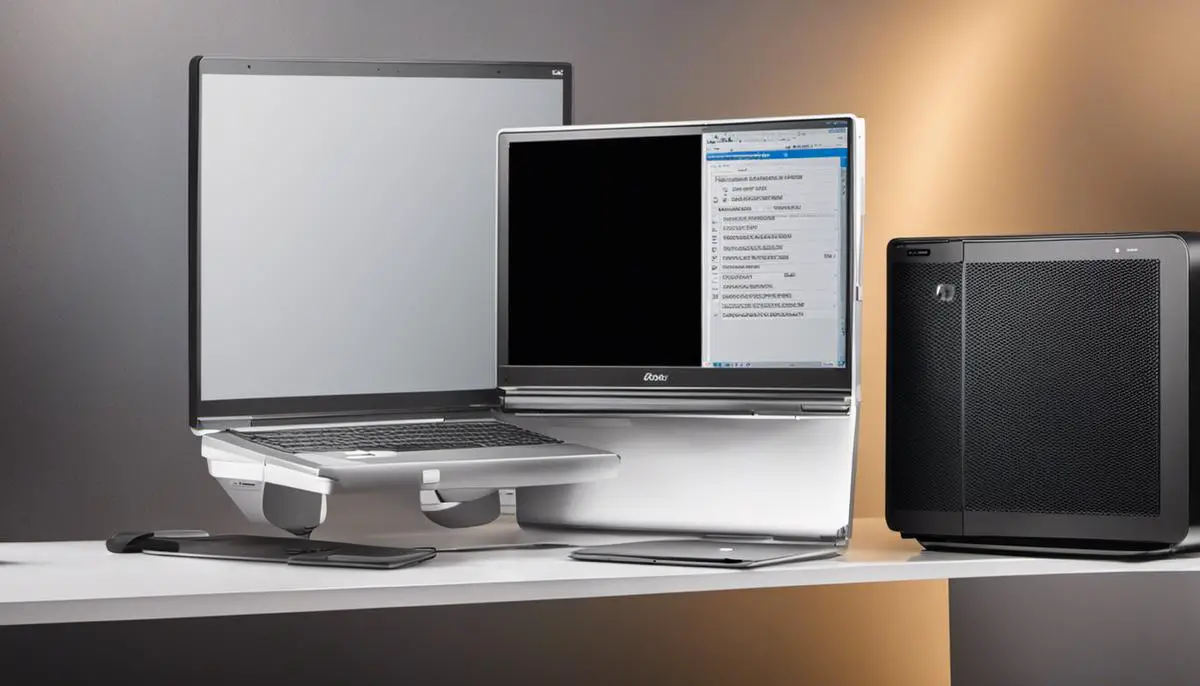 Image comparing a laptop and a desktop computer side by side, showcasing their differences