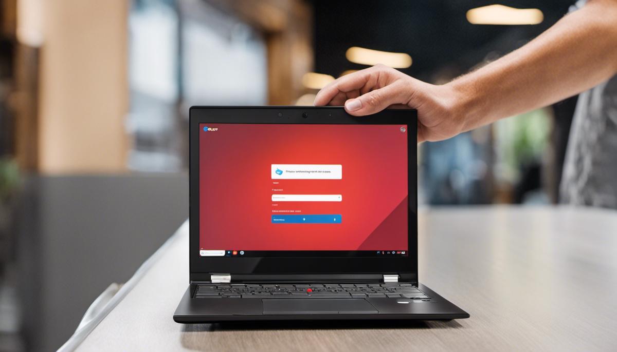 A person holding a Lenovo Chromebook, showing the device for which the text provides assistance and guidance.