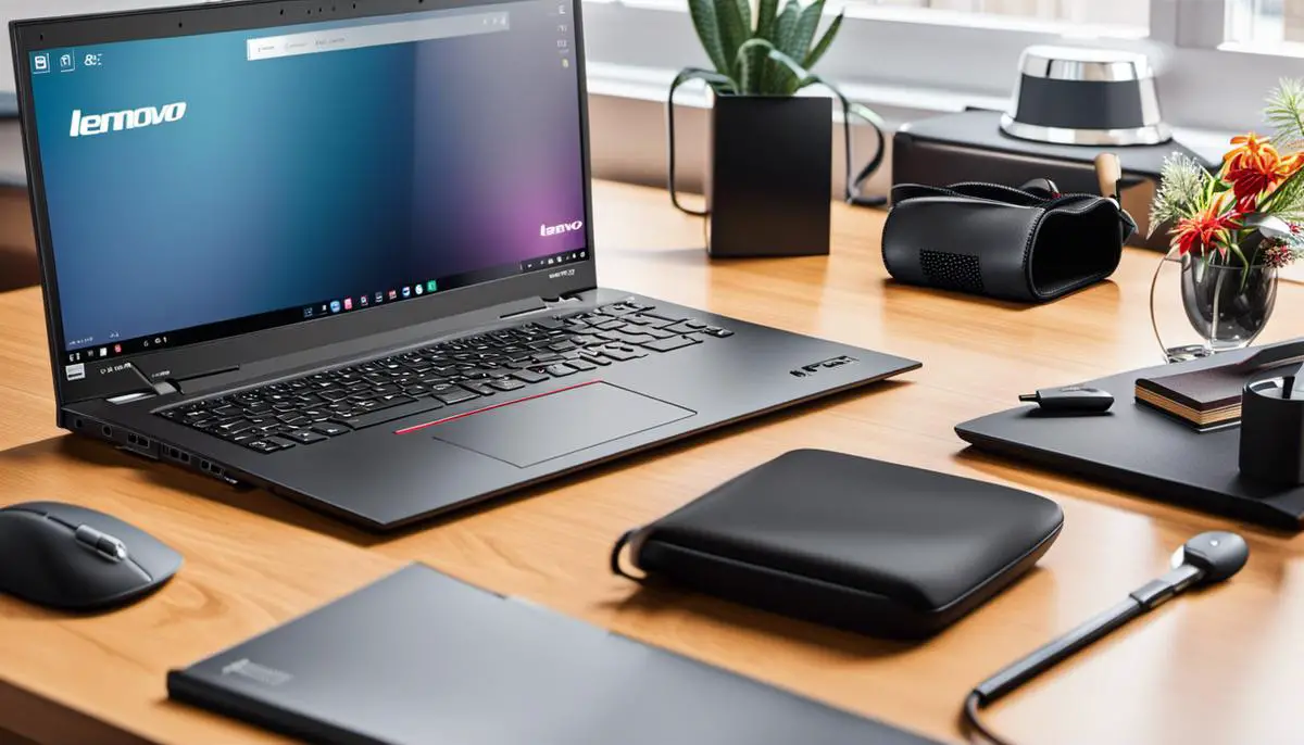 A variety of Lenovo laptop accessories on a desk