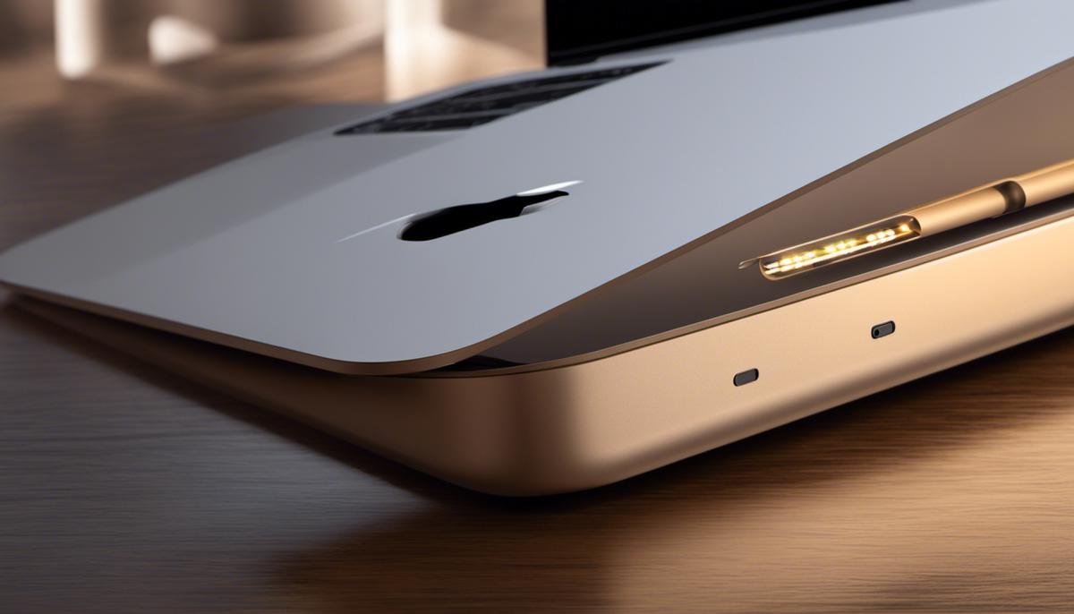 A MacBook with a long-lasting battery, showing the battery symbol with a charger plugged in.