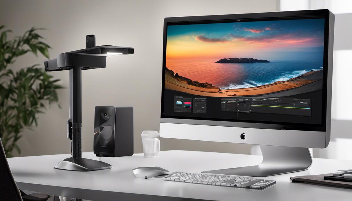 Image illustrating the key features to consider when choosing a monitor for graphic design. It shows a monitor with high resolution, color accuracy, and ergonomic adjustments.
