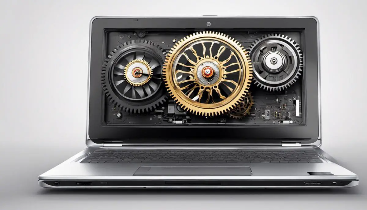 Illustration of a laptop with clock gears representing the concept of overclocking and its effects.