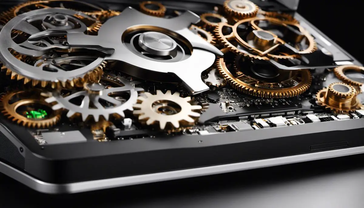 A laptop with gears surrounding it, representing the concept of overclocking software options.