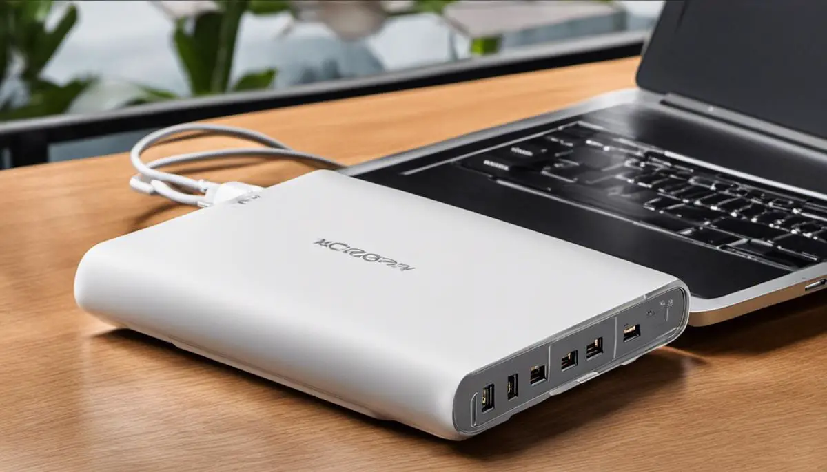 A portable charger for laptops with multiple charging ports.