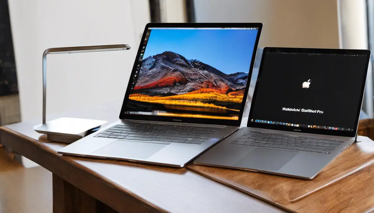 Comparing the size and weight of MacBook Pro and Surface Book laptops.