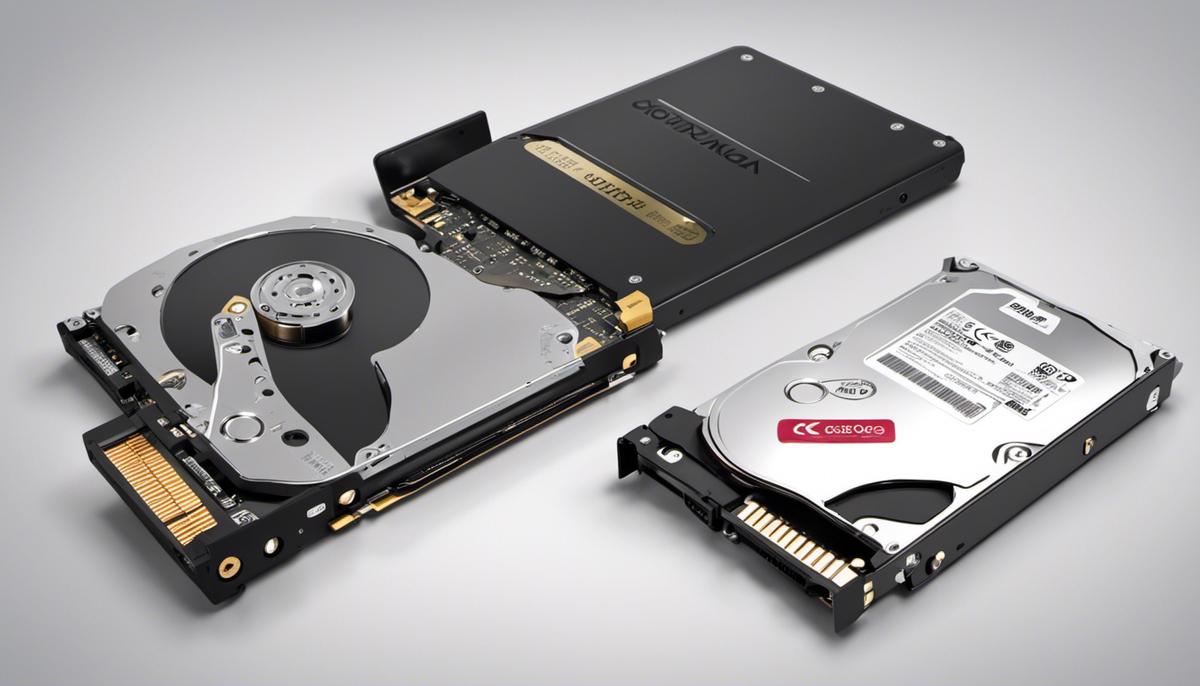 Illustration of HDD and SSD storage devices side by side, with labels identifying their components and highlighting the differences between them.